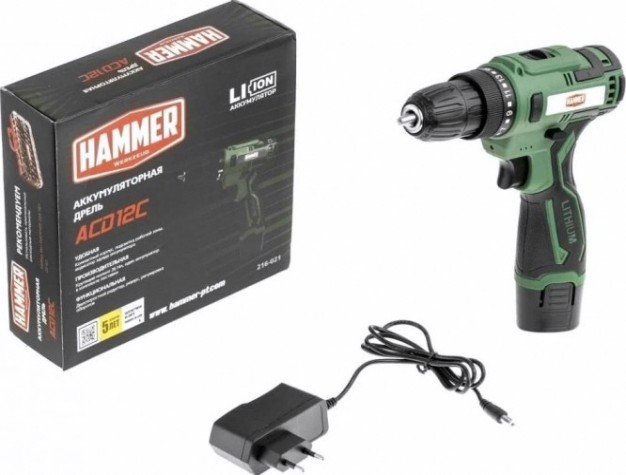 Дрель-шуруповерт аккумуляторная Hammer ACD12C 1x1.5Ah Li-ion, 26Hм [216-021]