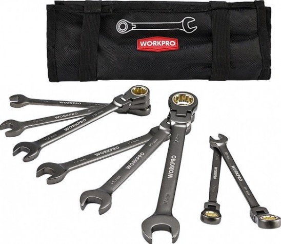 Набор комбинированных ключей WORKPRO WP202521 трещоточные с шарниром 8шт. (9-17мм)
