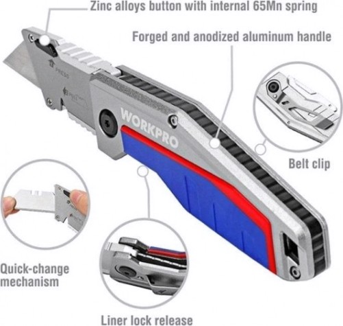 Нож складной WORKPRO WP211012 со сменными лезвиями, алюминиевый